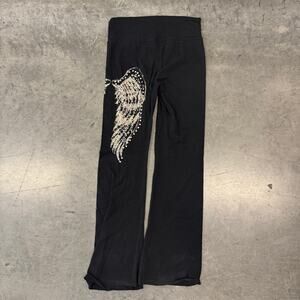 Vintage Y2K Mcbling Wing Foldover Bootcut Flare Wide Leg Black Leggings L